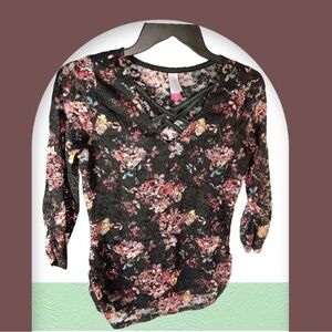 No Boundaries Lined Lace Floral Shirt w Sheer Lace Sleeves Juniors S 3-5